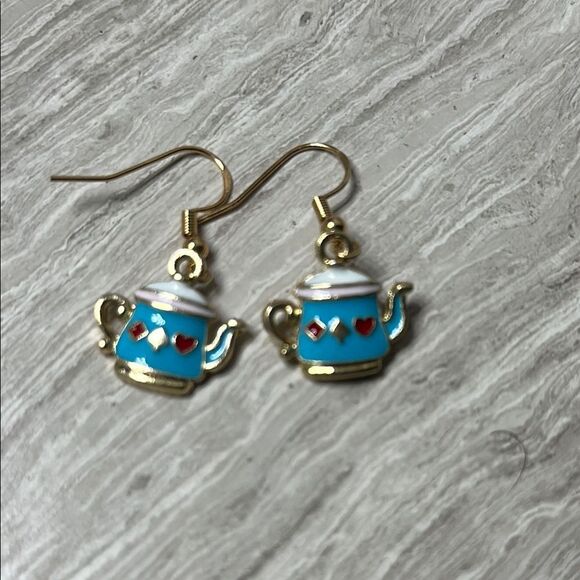 Gold and Blue Teapot Earrings - Picture 1 of 3